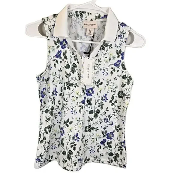 Laura Ashley Golf & Tennis Collared Shirt XS Sleeveless BLUE Floral NWT ATHLEISU - Picture 1 of 9